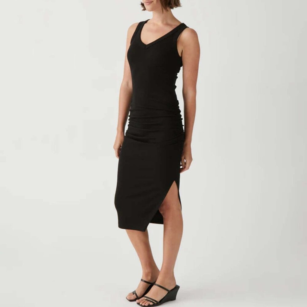MICHAEL STARS Black Ribbed Midi V-Neck Side Slit Dress SMALL Lori Revolve Ruched